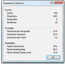 Word Readability Stats dialog box