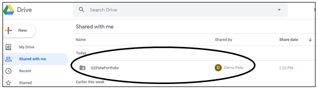 Student folder in shared with me. Student folder name is circled.