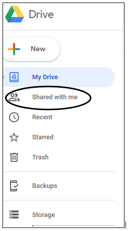 Screenshot showing Drive commands. Shared with me command circled.