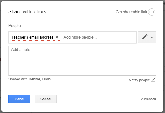Share with others dialogue box. People section, Teacher's email addess typed into the box, Send command in blue at the bottom