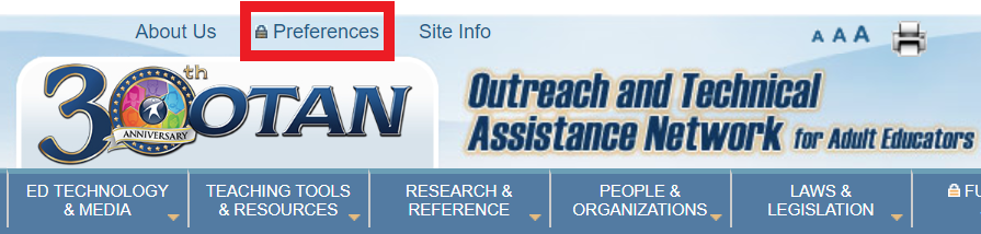 Screenshot of OTAN.us webiste header with 'Preferences' highlighted