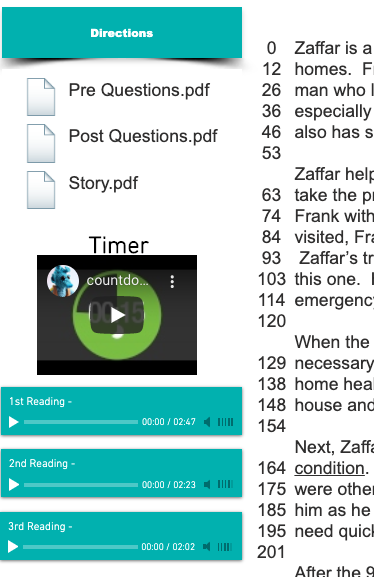 Left-hand Toolbar. Shows three reading bars recorded at different speeds underneath the timer.