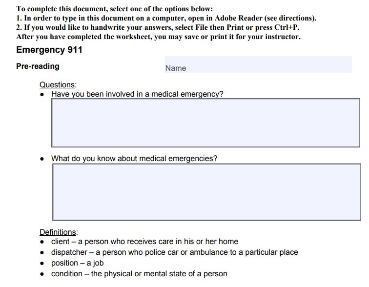 Pre Reading Questions and vocabulary words with definitions.