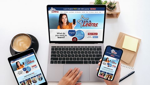 Image showing USA Learns website on laptop, tablet, and smartphone.