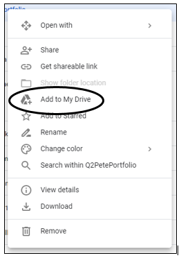 Dialogue window opened. Add to My Drive command circled