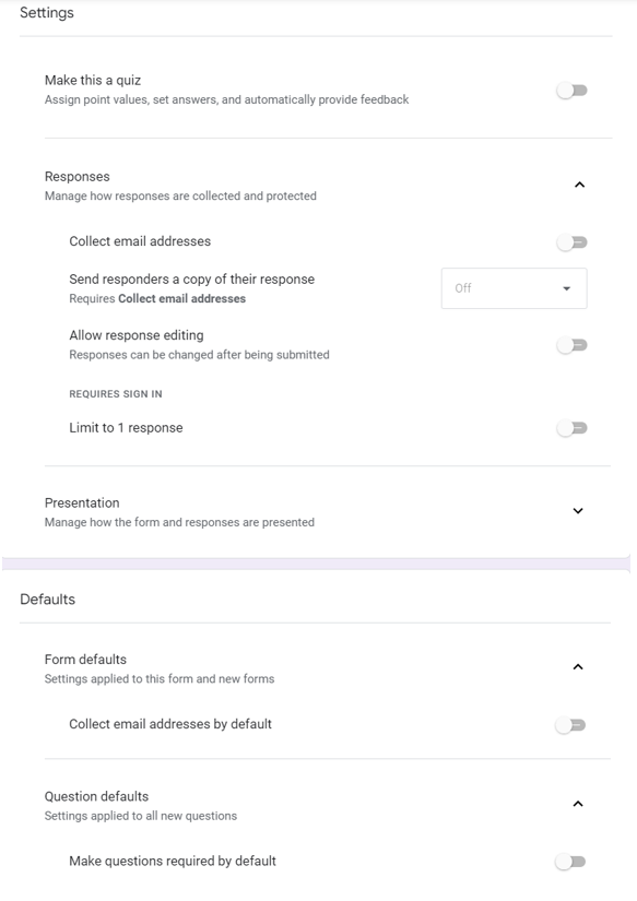 Settings window showing quiz, responses, presentation, and default categories.